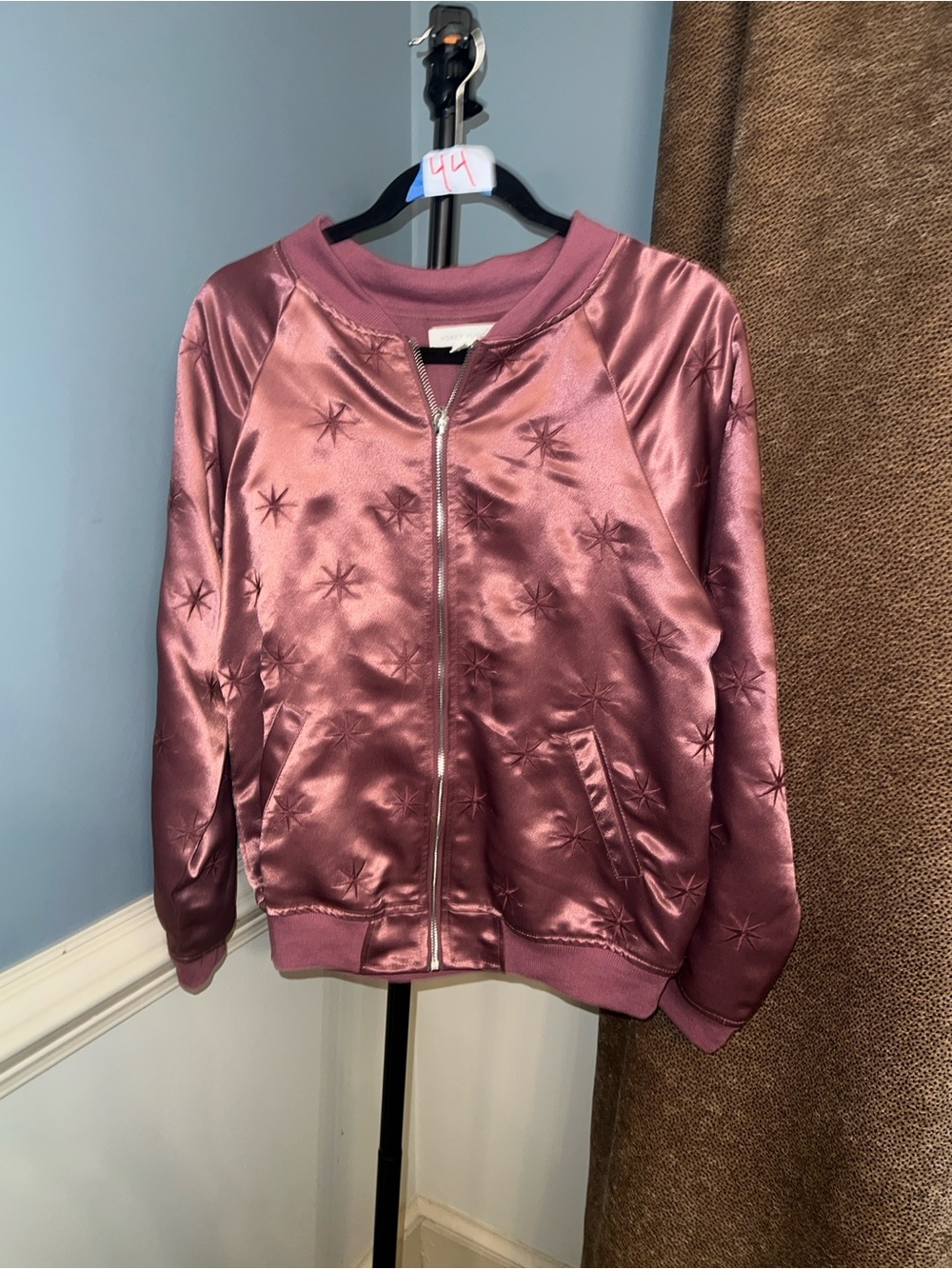 Honey Punch Rose Satin Bomber Jacket with Star Embossing